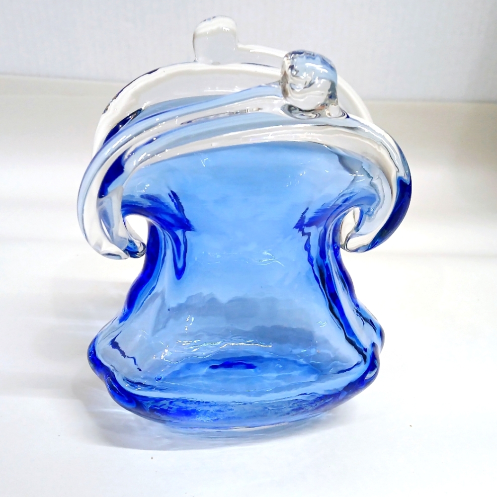 Blue Blown Glass Purse Vase with Clear Accents
